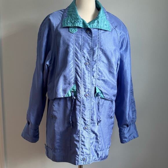Vintage 80s Mariel Windbreaker Jacket Womens Medium Raincoat Lavender Turquoise - Picture 2 of 13